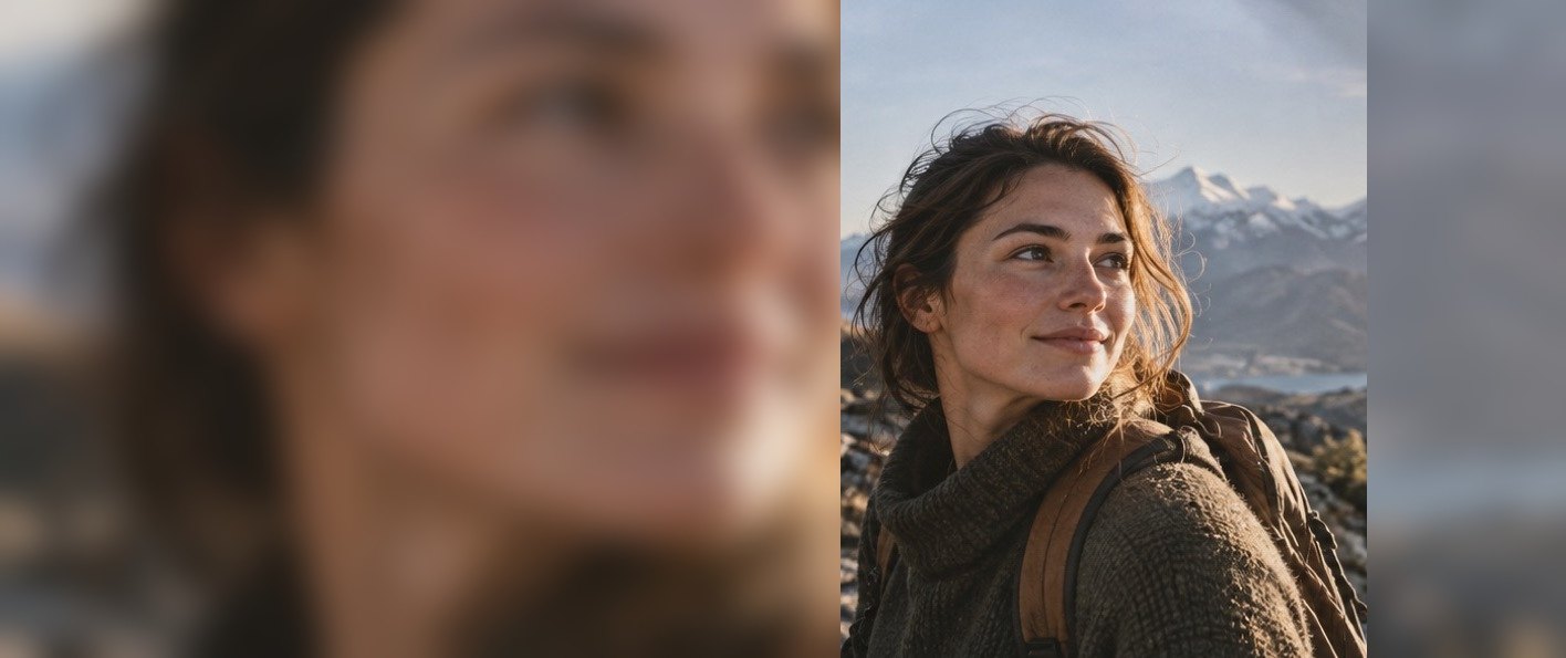 A tall portrait of a hiker made into a wide banner: the photo is untouched on the right and soft blurred edges fill the new space.